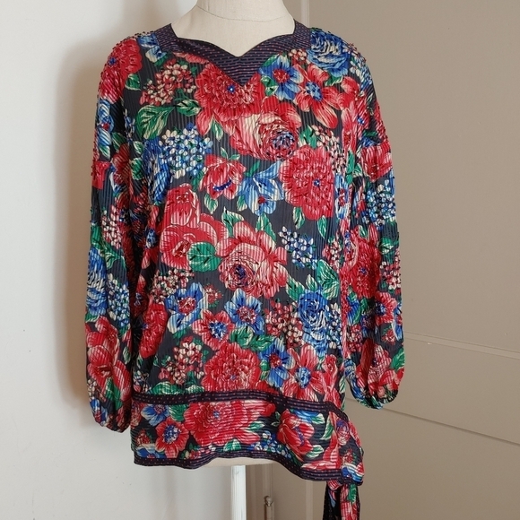 Vintage Diane Freis Beaded Bubble Top Waist Sash Floral Crinkle Satin Boho - Picture 10 of 12